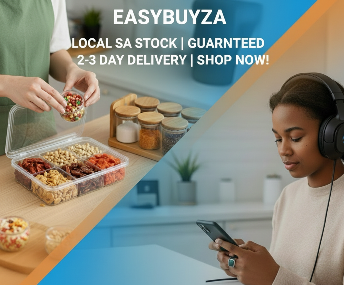 Two scenes: one of a person preparing food with a container of snacks, the other of a person using a phone. Advertised by EASYBUYZA for local stock and guaranteed delivery.